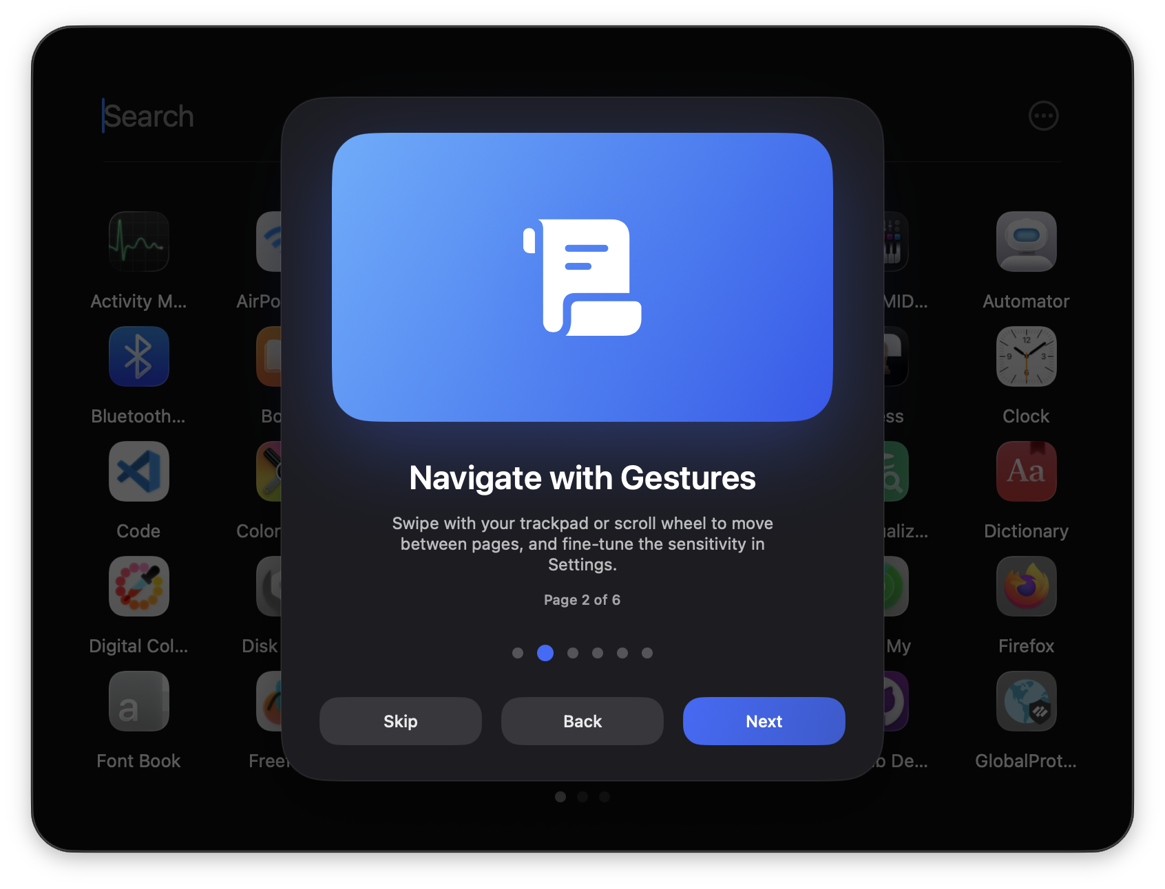 Onboarding slide showing scroll gestures