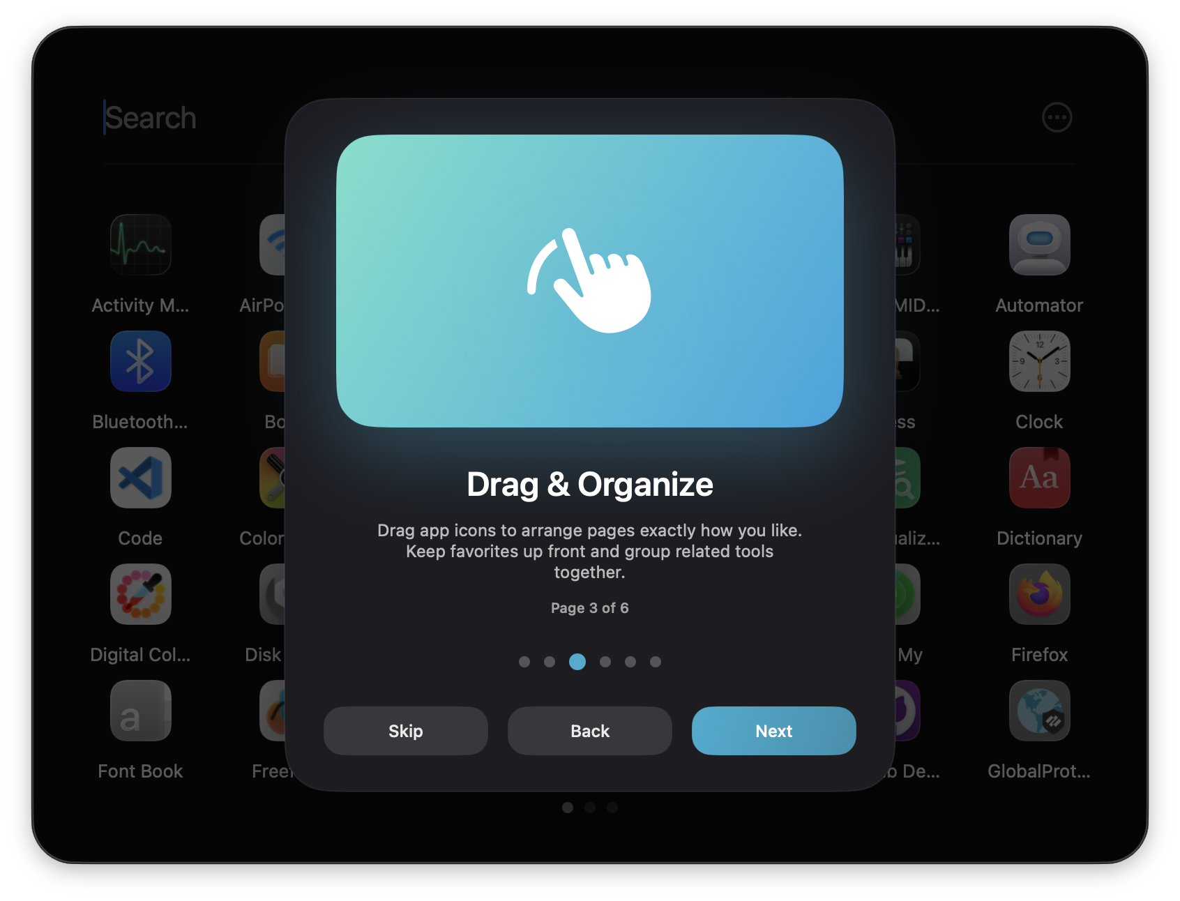 Onboarding slide explaining drag to rearrange apps